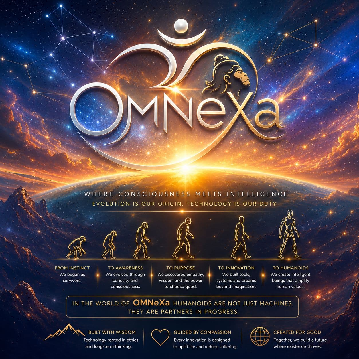 OMNeXa visual representing human capability, artificial intelligence and robotics guided by human values